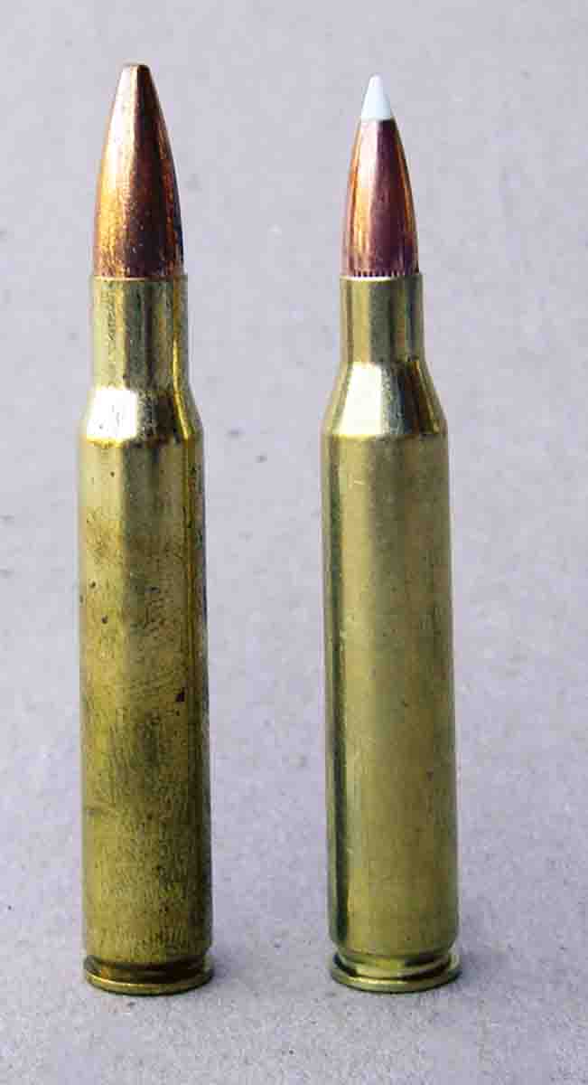 The .30-06 Springfield case (left) was necked down to create the .25-06 (right).